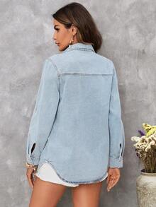 SHEIN LUNE Blusa de mezclilla con bolsillo con solapa y mangas enrollables, ropa de mujer de otoño, informal - Lavado ligero - Ver 2