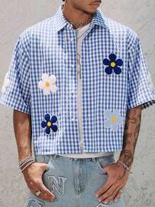 Street Life Áo sơ mi kẻ caro một hàng cúc dành cho thiếu niên, kiểu dáng thường ngày, đa năng. - Xanh và trắng - Xem 5