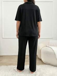 Plus Button Down Shirt Style 2 Piece Pajamas Set - Black - View 2