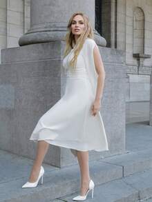 Elenary Edit Women's Elegant V-Neck Pleated Chiffon Mid-Length Dress, Suitable For Wedding Guests, Spring/Fall Prom Dress Elegant Sundress,Formal Women Dresses Long Sleeve Dress - Beige - View 3
