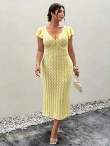 Firerie 大码女士优雅浪漫长袖浅黄色针织毛衣连衣裙，适合春夏旅行 - 黃色 - 查看 7
