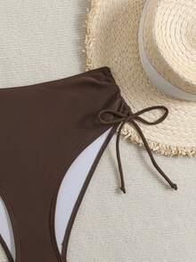 Swim Basics Celana Renang Wanita Model Tali Pengikat Warna Polos, Cocok untuk Pantai Musim Panas - Coffee Brown - View 7