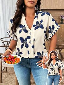 Weeklong Plus Size Women's Holiday Print V-Neck Ruffle Trim Blouse,Elegant Sky Blue Summer Everyday Casual Comfortable Versatile Shirts,New Arrivals Tops - Apricot - View 1