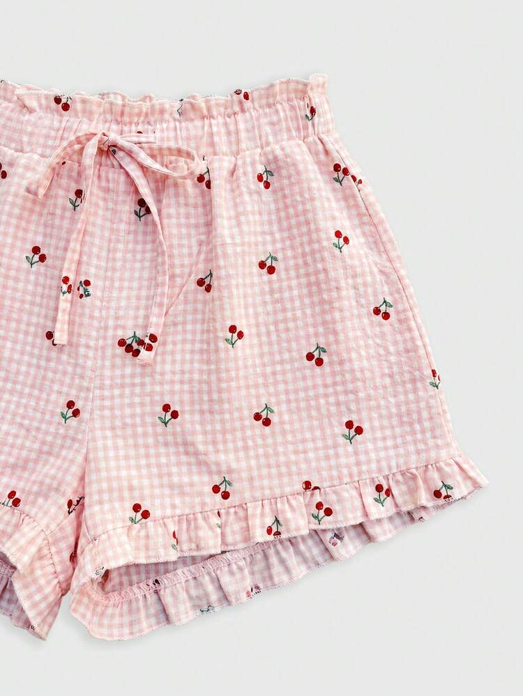 Pink Check Cherry Print Bra And Shorts Sleepwear Set 2 Pieces Homewear Set Cute Pink Pyjamas Spring Summer French Style Parisian Style