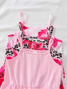 SHEIN Elladie kids 3件組女童夏季嬰兒粉色白色花卉印花純色連身褲，度假海灘時尚連身衣套裝 - 彩色 - 查看 4
