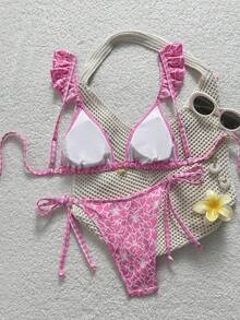 Swim Mod Women's Sweet Pink Floral Pattern Bikini Set,Pink Plaid Bikini Swimwear With Ruffle Trim,Cute Summer Beach Holiday Vacation Pool Parties Wear - Multicolor - View 2