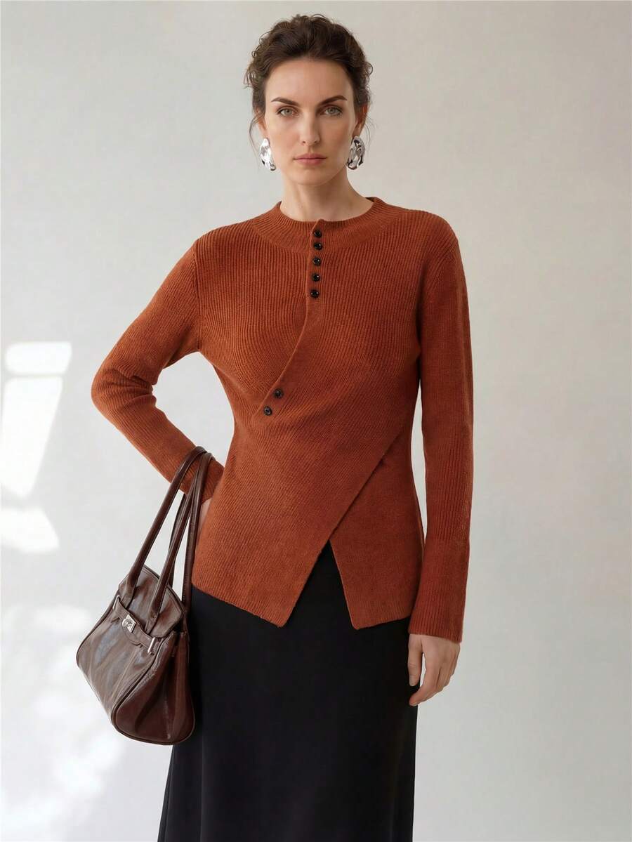 Uhlyne Uhlyne Suéter de punto cruzado con botones elegante y entallado para mujer, estilo minimalista, para otoño/invierno - Óxido marrón - Ver 1