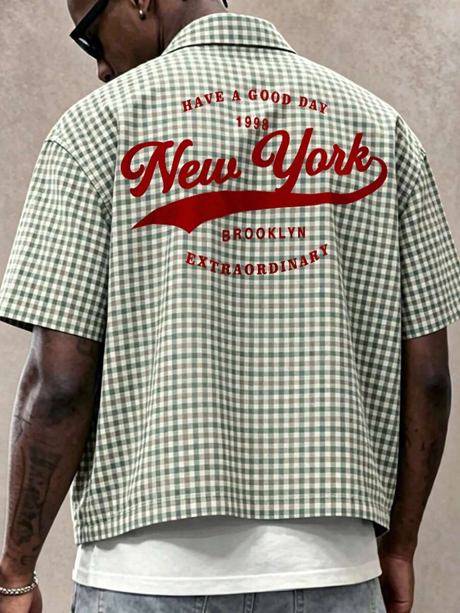 Manfinity EMRG 男士格子字母印花单排扣休闲百搭日常短袖衬衫 - 彩色 - 查看 1