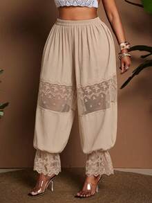 Maweii Plus Size Women Lace Patchwork Lantern Pants - Apricot - View 4
