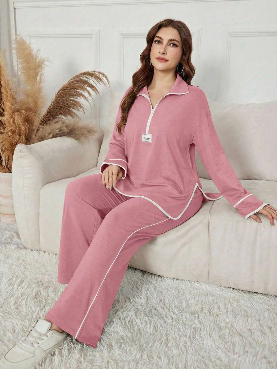 Modelyn 女士黑色立领半拉链字母贴布卫衣，宽松休闲两件套，适合秋冬季穿着 - 珊瑚粉 - 查看 1