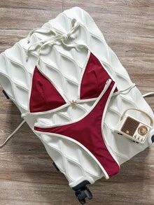 Swim Vcay Spring/Summer Solid Color Triangle Wireless Halter Backless Top And Swim Shorts Women Sexy Bikini Set For Beach Vacation - Red - View 3