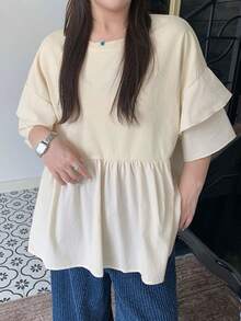 Dazy Plus 大码女式宽松休闲纯色圆领喇叭袖拼接轻薄面料褶裥腰部T恤，春夏款 - 米色 - 查看 2