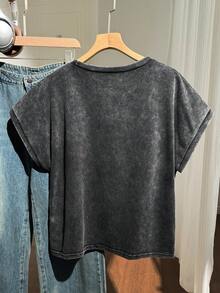 Comfortcana Plus Size Dark Green Washed Cotton Short Sleeve T-Shirt, Summer Everyday Casual Formal Holiday - Black - View 2