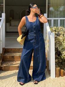 Dazy Plus Dark Wash Denim Sleeveless Jumpsuit, Vacation Style, Long Length, Spring/Summer - Dark Wash - View 5