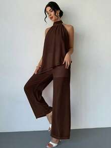Firerie Bộ đồ nữ thanh lịch, thoải mái, màu hồng chiffon, không tay, cổ yếm, buộc dây, vạt áo lệch vai và quần ống đứng dáng rộng, mẫu mới Xuân/Hè. - màu nâu - Xem 7