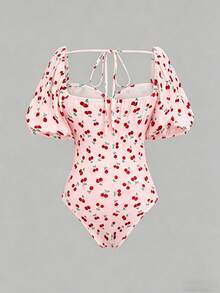 Sweetra Plus Size Cherry Print Sweetheart Collar Ribbed Backless Tie Shoulder Bodysuit - Multicolor - View 2