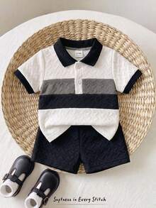 SHEIN Playful Pals 2 Peças Conjunto de Camiseta Polo de Malha e Shorts para Bebê Menino Branco, Estilo Casual de Verão Combinando com a Família, Estilo Cavalheiro com Padrão Floral de Seta e Blocos de Cor, 6M-3T - Preto e Branco - Visão 8