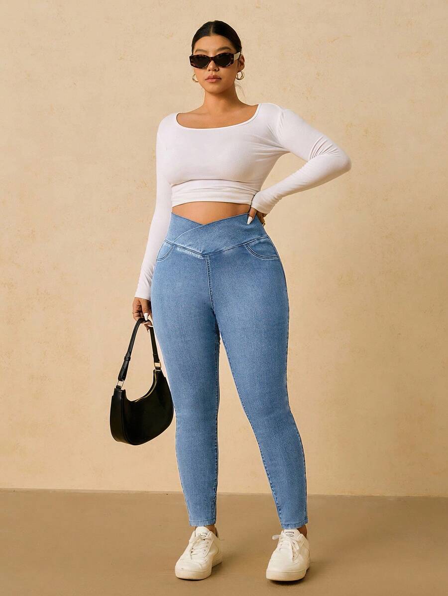 SHEIN Tall CURVE Plus Size Casual Washed Slim Fit Jeans Formal Light Blue Summer - Light Wash - View 1