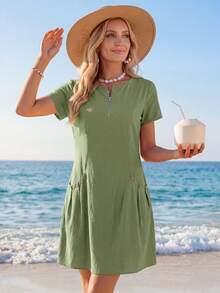 SHEIN LUNE Zipper Neckline Women's Double Pocket Dress,Casual - Army Green - View 3