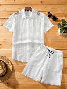 Manfinity Homme Men's White Summer 2 Piece Outfit,Funny Short Sleeve Hollow Shirt And Shorts Set,Vintage Y2k Coords For Vacation,Holiday,Wedding,Outdoor&Leisure Wear - White - View 4