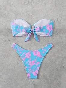 Swim Mod Women's Summer Beach Floral Print Ruffle Bikini And Triangle Panty Swimsuit Set - Multicolor - View 2