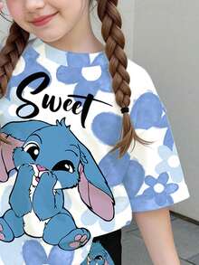 Kawaii Blue Rabbit Lulu & Stitch Pattern,Young Girls Casual Short Sleeve Tee 2-Piece Set,Back-To-School Summer School Outfits,Korean Style Floral Tops - Multicolor - View 5