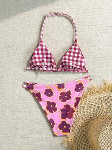 SHEIN Teen Girl Pink Textured Knit Shell Decor Bikini Sets,Summer Beach Holiday Spaghetti Strap Triangle Swimwear Push Up Two Pieces Floral Bathing Suits - Pink - View 2