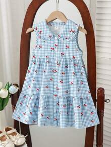 SHEIN Elladie kids 女童格子图案樱桃印花无袖A字连衣裙，优雅甜美休闲度假装 - 藍色 - 查看 6