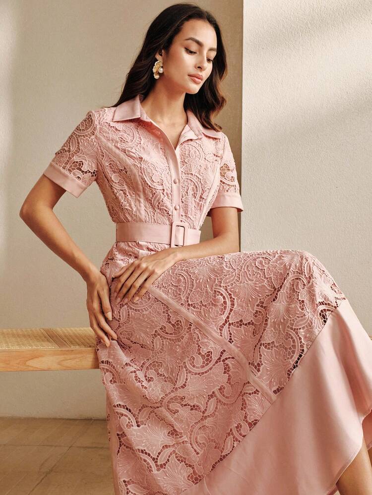 Women's Elegant Pink Lace Short Sleeve Flared Dress, Summer