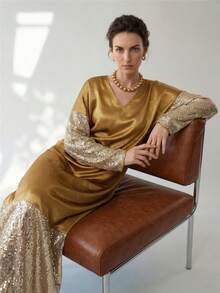 Uhlyne Uhlyne Women's Elegant Champagne Autumn V-Neck Acetate-Like Beaded Sleeve Loose Oversized Top,Luxurious Dropped Shoulder Splice Top For Dinner Parties - Gold - View 1