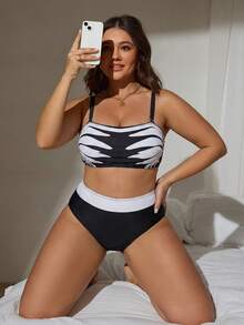Swim Lushoire Plus Size Women's Basic Minimalist Leopard Print Tankini Swimwear Set - Black and White - View 4