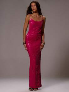 MUSERA Sequin Spaghetti Strap Maxi Dress Long Dress Open Back Sexy Summer Spring Rave Festival Holiday Vacation Ibiza Wedding Guest Party Going Out Urchin - Pink - View 5