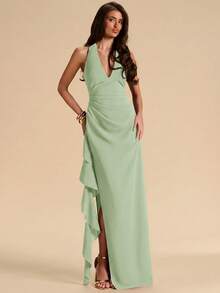 SHEIN BAE Spring & Summer Bridesmaid Dress, Deep V-Neck Halter Ruffle High Slit Ruffled Wrap Long Red For Women, Elegant Maxi - Mint Green - View 6