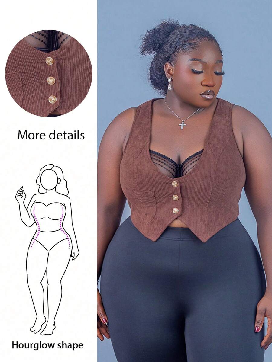 CurvyTilda Plus Button Front Vest Jacket Winter Fall Autumn, For Hourglass Body Shape - Coffee Brown - View 1