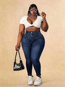 CurvyTilda بنطلون جينز نحيل باهت اللون مقاس كبير - أزرق داكن - مشاهدة 3