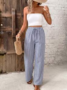 SHEIN Frenchy 16%棉 女士休闲简约蓝白条纹图案长裤 - 藍白色 - 查看 3