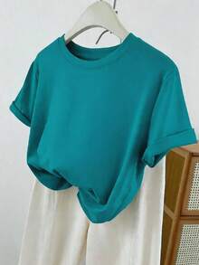 Resyla Plus Size Women Summer Solid Color Round Neck Short Sleeve T-Shirt - Teal Blue - View 3