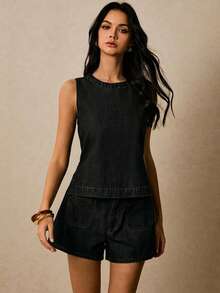 Poéselle Bộ trang phục denim thường ngày dành cho nữ: Áo cổ tròn và quần short. - màu đen - Xem 7