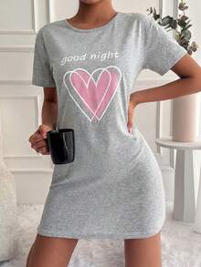 100%Cotton Slogan Graphic& Heart Print Nightdress - Light Grey - View 3