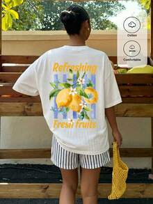 Muchica 休闲度假风白色宽松T恤，62%棉，简约手绘字母和柠檬图案，圆领短袖宽松版型，适合春夏穿着。 - 白色 - 查看 1