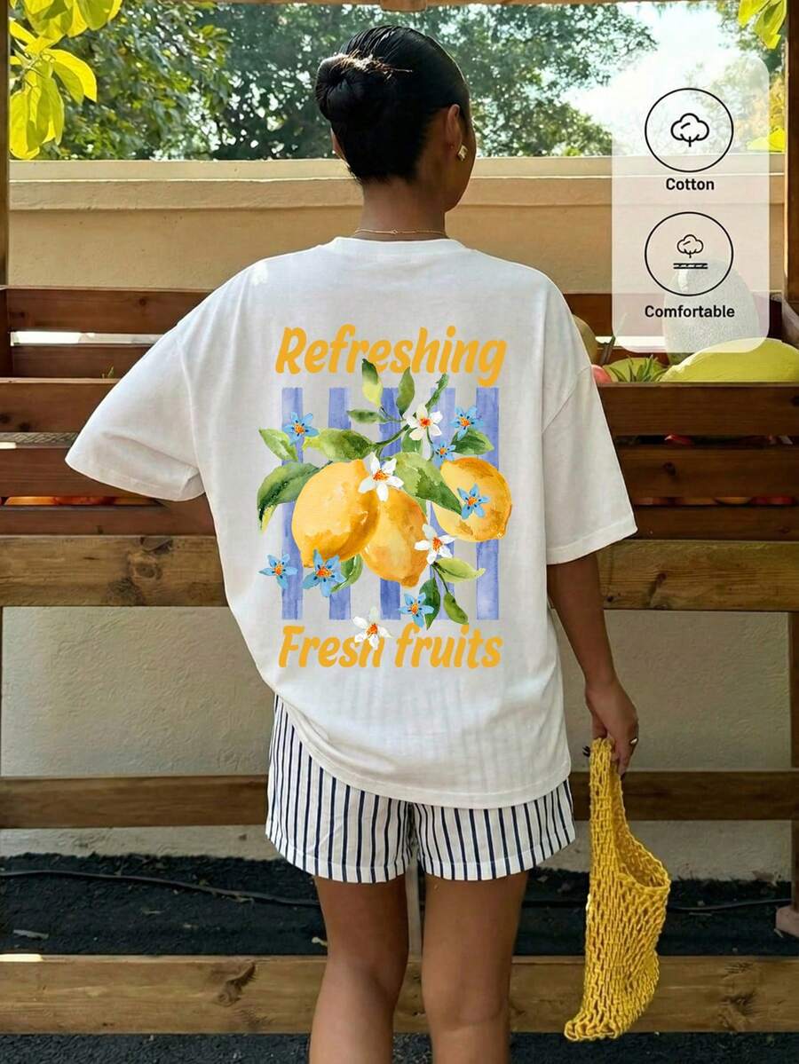 Muchica 休闲度假风白色宽松T恤，62%棉，简约手绘字母和柠檬图案，圆领短袖宽松版型，适合春夏穿着。 - 白色 - 查看 1