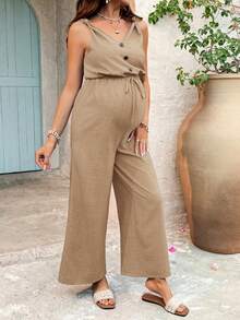 SHEIN Maternity Solid Color Button Design Waist Tie Sleeveless Jumpsuit - Khaki - View 5