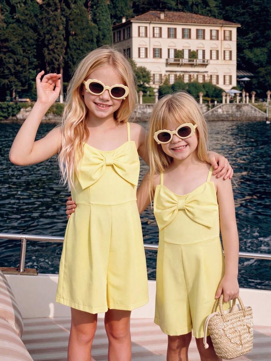 Elladie kids 女童浅黄色蝴蝶吊带连体裤，独特设计，时尚休闲夏季装扮 - 黃色 - 查看 1