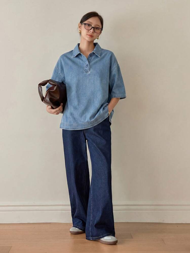 Women's Loose Half-Placket Blue Short Sleeve Denim Blouse, Spring & Summer
