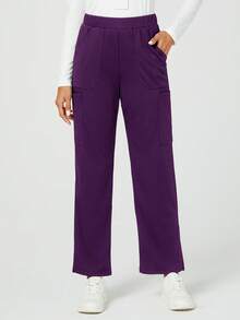 TaskEZ Solid Color Multi-Pocket Elastic Waist Straight Leg Pants, Scrub Uniform Bottom - Purple - View 3