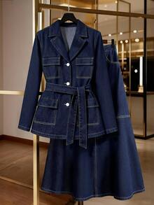 GlowEve Chaqueta vaquera de mujer con cuello de solapa, contraste de puntada, bolsillo con solapa y cinturón, de estilo casual y urbano - Azul - Ver 8