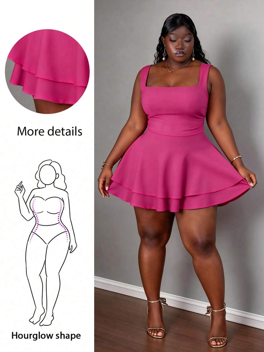 CurvyTilda 2025春夏新款休闲度假浪漫基础款日常性感优雅通勤派对夜店俱乐部无袖叠层迷你连衣裙，女款大码，适合沙漏型身材 - 玫紅色 - 查看 1