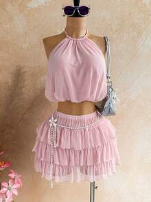 Soleia Women's Sexy Backless Tie-Front Cropped Top And Multi-Layer Ruffle Hem Mini Skirt 2-Piece Set, Suitable For Beach Vacation - Pink - View 3