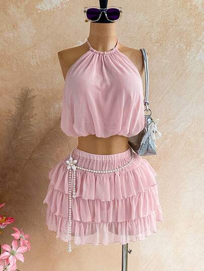 Soleia Women's Sexy Backless Tie-Front Cropped Top And Multi-Layer Ruffle Hem Mini Skirt 2-Piece Set, Suitable For Beach Vacation