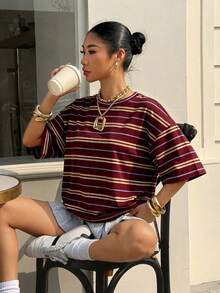 Muchica Camiseta de mujer de cuello redondo de manga corta a rayas - Burdeos - Ver 6